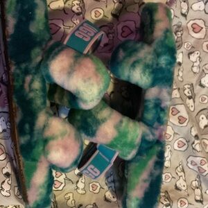 UGG Plush Slide Sandals in Teal and Light Pink Tie-Dye